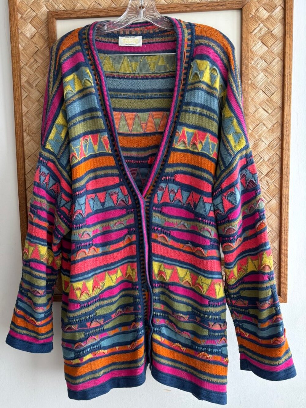 United Colors of Benetton Italy Abstract 3-D Knit Cardigan Sweater L Coogi Style
